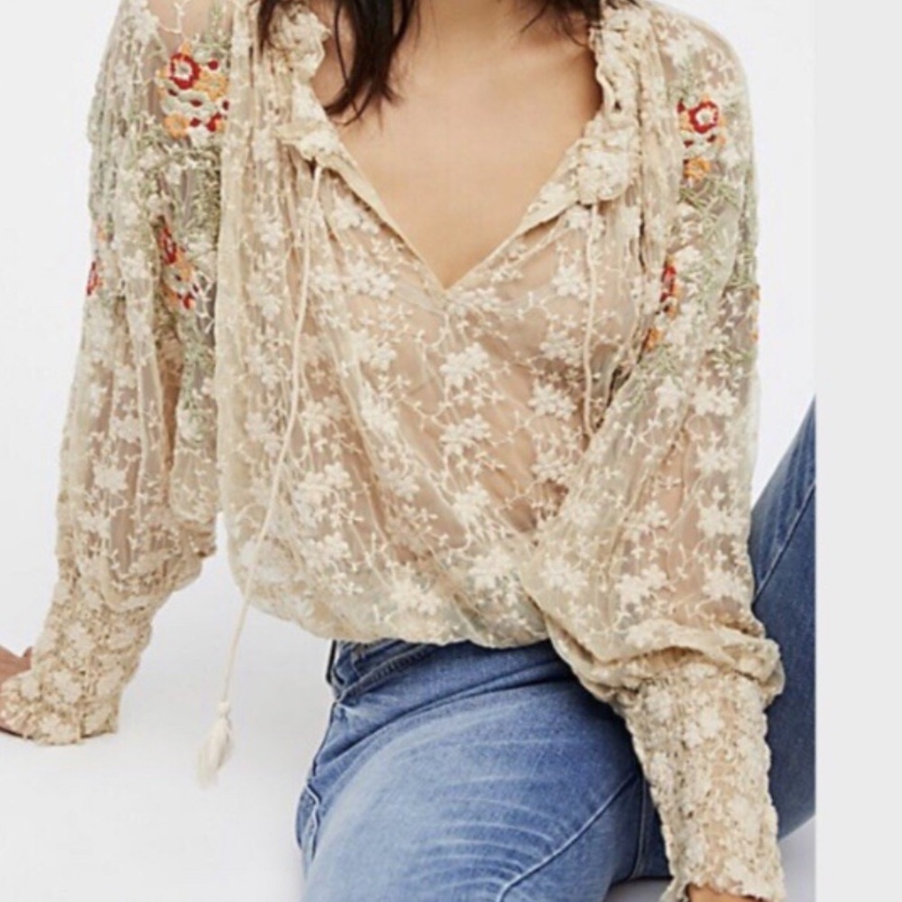 Free People Floral Lace Blouse in Cream and Red